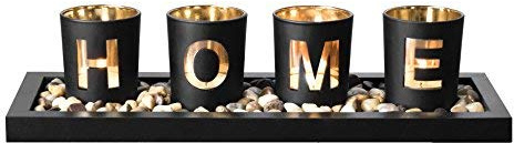 Set di portacandele in vetro decorato con pietre ornamentali terra e MDF nero vassoio per arredamento, include 4 tazze in vetro con scritta 'Home', ottima idea regalo per matrimonio, spa,