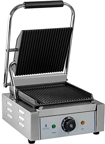 Royal Catering RCCG-1800G Contact Grill Electric Panini Grill Sandwich Maker (1.800 W, 23 x 22 cm, 230 V, Fat Collection Tray, Stainless Steel, Cast Iron)
