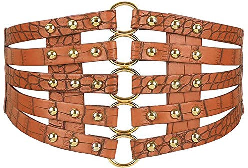 MEGAUK Damen Leder Gürtel Breit Nieten Gürtel Elastischer Taillen Gürtel Vintage Nietengürtel Hüftgürtel Bindegürtel Lolita Korsett mit Ring Schnalle Design (Khaki)