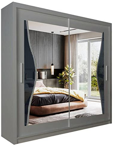 Modern Bedroom Double Mirror Door Sliding Wardrobe BATUMI 4 Colors - 1 Led Light (Grey, 203cm)