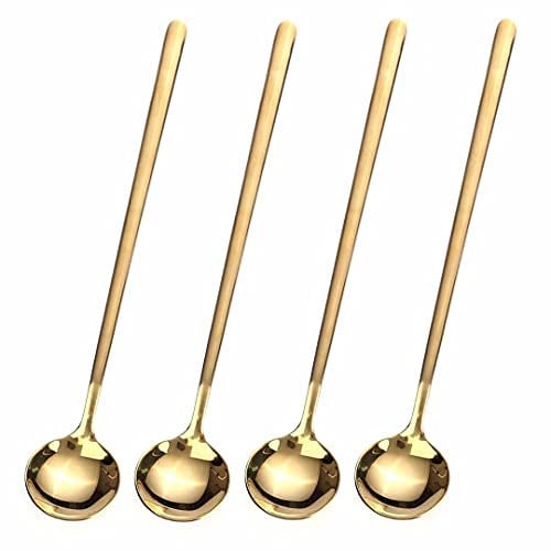 Lot de 4 cuillères à café de 17 cm, cuillères à mélanger, cuillères à thé à long manche, cuillères à café dorées, cuillères à thé glacé, cuillères longues pour mélanger, cuillères à expresso dorées en
