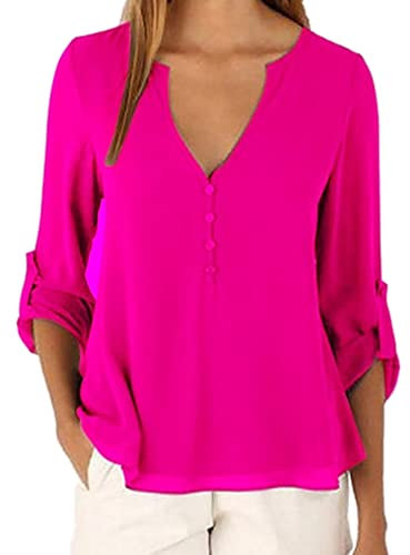 Elesoon Blusa suelta de gasa de manga larga para mujer, color sólido/degradado, elegante, con cuello en V, color degradado, A-magenta Fucsia, 40