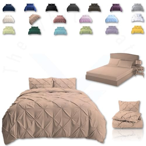 TheWhiteWater Duvet Set - 2/3 in 1 Bedding Set - Duvet Cover + Matching Pillowcases + Fitted Bed Sheets - NPolycotton Pintuck Cover (Latte Beige, 3 in 1 Bedding Set - Super King)