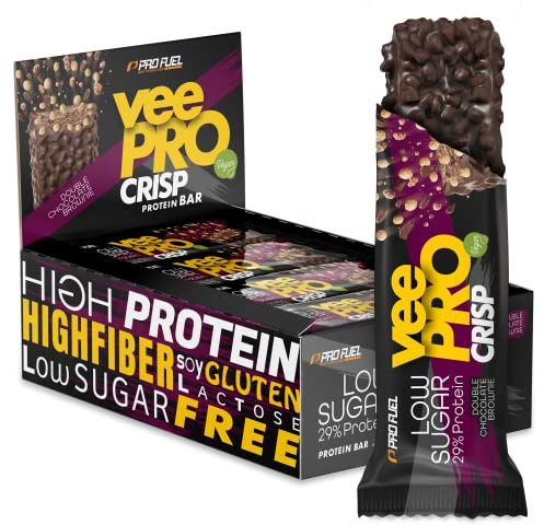 Protein Riegel Vegan DOUBLE CHOCOLATE BROWNIE 12x veePRO CRISP Protein Bar - unglaublich lecker & cremig - 29% Protein pro Riegel - High Fiber, Low Sugar (zuckerarm), 100% sojafrei & glutenfrei 12x68g