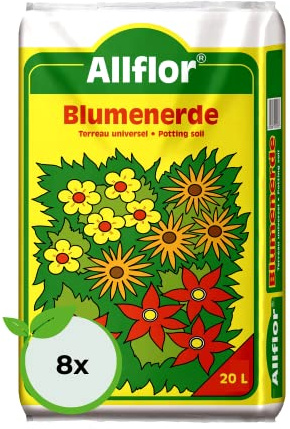 Allflor Blumenerde I 8 x 20 L I gebrauchsfertige Universalerde I hochwertige Erde im 20 Liter Beutel I Für alle Balkon- und Zimmerpflanzen geeignet I Enthält alle wichtigen Pflanzennährstoffe