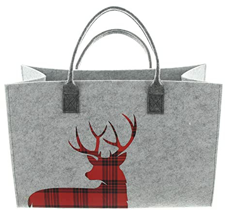 FRANK FLECHTWAREN Filztasche Hirsch-Karo, hellgrauer Shopper, rot/schwarz kariertes Hirschmotiv, Tragegriffe in Dunkelgrau, Maße: 45 x 20 x 30 cm, GH 47 cm