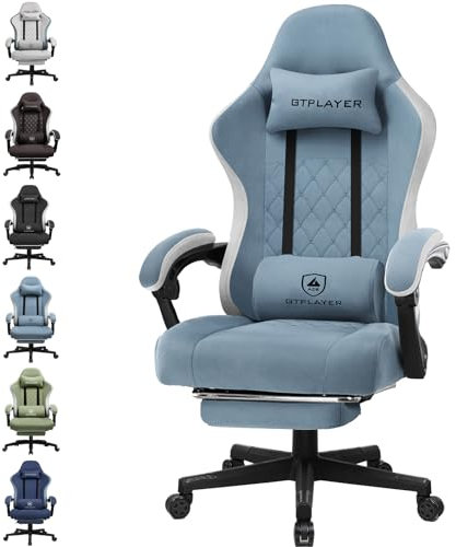 GTPLAYER Sedia da gaming, ergonomica, da scrivania, con superficie in tessuto, cuscino a molla, braccioli di collegamento e poggiapiedi, blu