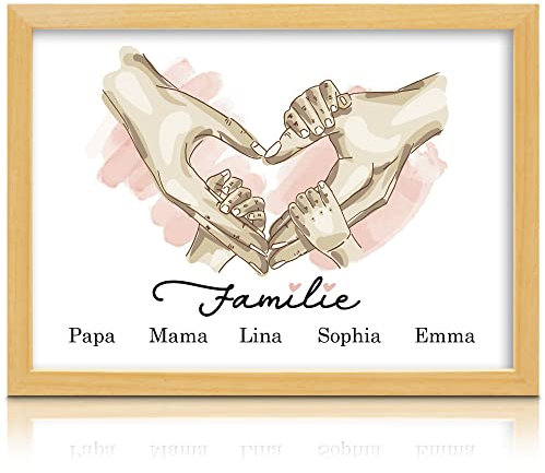 Milaboo® Familienposter personalisiert Herzhände A4 I besonderes Geschenk zur Geburt, Taufe, Mama, Papa, Oma und Opa I (5 Hände rosa Ohne Bilderrahmen)