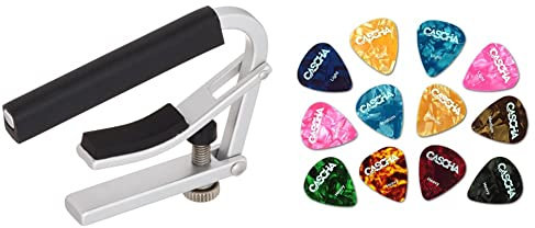 Shubb Capodaster L2 (lite) - Nickel & CASCHA HH 2002 Guitar Picks 12er Set - Plektrum für Akustik-Gitarre E-Gitarre Ukulele Bass - Plektren in 3 verschiedenen Stärken - Guitar Pick Set 12 Stück