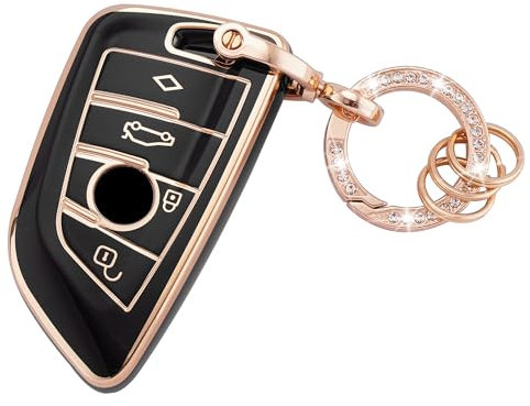 Koaudb Coque de clé de Voiture pour BMW Soft TPU Full Protection Smart Key Case Noir Or avec Porte-clés Fit pour BMW X1 X2 X3 X5 X6 2 5 6 7 Series 3 4 Boutons Smart Key Fob Case (R-BM-4D-B)
