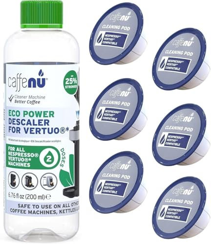 Kit de descalcificación compatible con Nespresso. 2 utiliza solución descalcificadora Nespresso Vertuo y 6 cápsulas limpiadoras. Elimina la cal y limpia el área de la vaina. Mejor sabor y café más