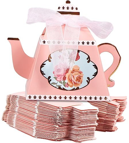 50Pcs Teapot Candy Box Vintage Floral Party Food Boxes 8.5x8.5x10.5cm Reusable Paper Flower Wedding Favour Boxes Decorative Present Bags for Wedding Bridal Birthday Party (pink)