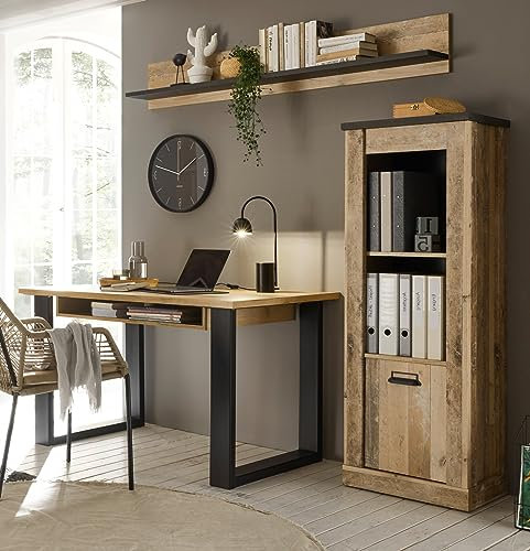Büromöbel Set komplett in Holz Used Wood hell und schwarz/anthrazit mit Aktenregal, Wandregal und Schreibtisch im Industrial Design Stove