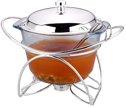 Rigeli Regent Contempo Chromeplated 4 Lt. Round Soup Warmer w/Stainless Steel Cover w/Ladle Warmer with Spoon Stainless Steel with Glass Dish Buffet Server Food Warmer Chafing with Ladle