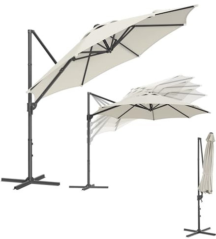 SONGMICS Garden Parasol Umbrella 3 m, UPF 50+ Parasol Outdoor Patio Umbrella, 360° Swivel, Seamless Tilt, Crank for Opening Closing, with Cross Base, Cream White GPU074Y10