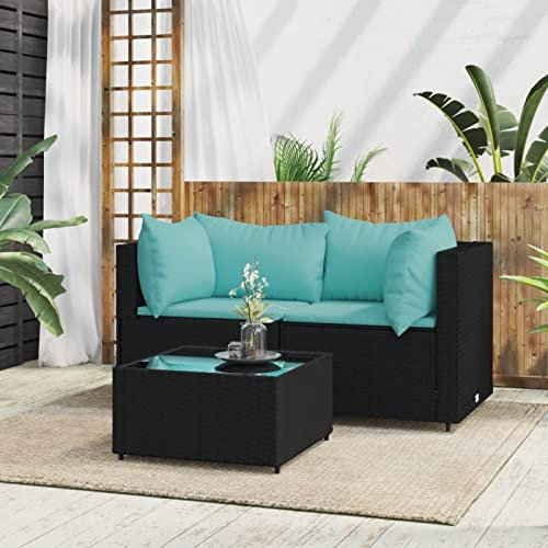 TANZEM 3-TLG. Garten-Lounge-Set mit Kissen Schwarz Poly Rattan, Lounge Gartenmöbel Set, Terassenmöbel Wetterfest, Loungemöbel Terrasse, Gartenlounge, Garten Loungemöbel Set, 319795
