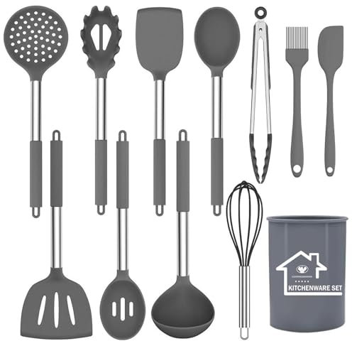 UXIYI Kitchen Utensils Set, Silicone Cooking Utensils, 12pcs Spatula Set with Stainless Steel Handle, Non Stick Utensil Set, Kitchen Tools & Gadgets,Grey