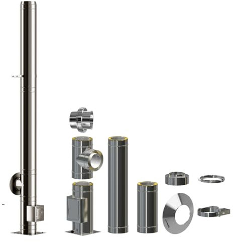 Edelstahlschornstein Bausatz doppelwandig | 0,5mm Wandung | 30mm Dämmung | DN 150mm gestreckte Länge 4,2m| Esse Schlot Kamin