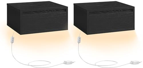 VASAGLE Nachttisch hängend 2er Set, Leuchte mit 3 Farben, schwebendes Wandregal, Schublade, 35 x 40 x 18 cm, modern, Wohnzimmer Schlafzimmer, ebenholzschwarz LET854B01