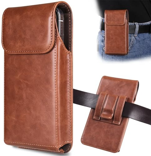 INGIDO Handy Gürteltasche für iPhone 16, 16 Pro, 15, 15 Pro, 14, 14 Pro, 13, 13 Pro, 12, 12 Pro, 11, 11 Pro, XR, Galaxy S24, S23, S22, Premium Leder Tasche mit Gürtelclip Gürtel Halterung, Braun - M
