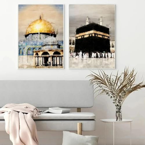 Yangld Islamische Al-Aqsa-Moschee Kaaba Al Masjid, Leinwandgemälde, Poster, Aquarelle, dekorative moderne Bilder, Wohnzimmerdekor, 50 x 70 cm, 2 Stück, ohne Rahmen