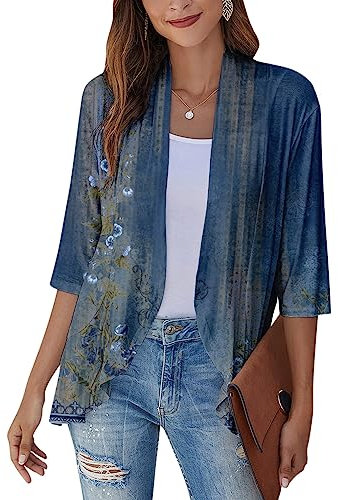 SCBFDI Giacca Donna, Cardigan Kimono da Donna Cardigan Floreale Con Maniche a 3/4 Spolverino Aperto Sul Avanti Volant Drappeggiato Elegante Coprispalle Estivo, Bolero Oro