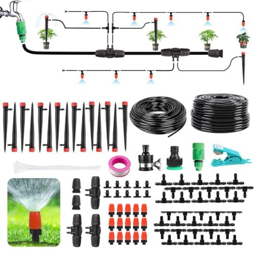 72FT Drip Irrigation Kit, Automatic Garden System with 1/4 inch 1/2 inch Black Tubing Hose, Watering Drip System, DIY Micro Drip Irrigation Set for Greenhouse, Raised Bed, Lawn, Outdoor