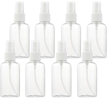 SINIDE Plastic Spray Bottles 75ML - 8 Pack 2.5 oz Fine Mist Clear Travel Bottle Set, Empty Reusable Portable Refillable Makeup Sprayer Containers for Perfume, Liquids, Aromatherapy, Cleaning Solution