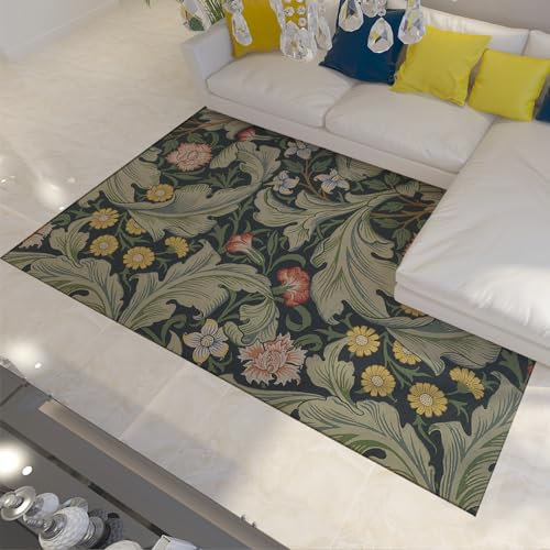 WEECHAINGE Grüne Pflanzen und Blumen Bereich Teppich Dünner waschbarer Teppich Morris Stil Eingangsteppich Rutschfester Teppich für Wohnzimmer Küche Schlafzimmer 180x240cm