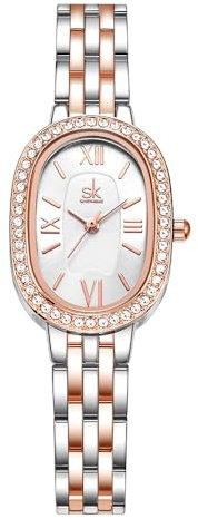 SK Ovale Damenarmbanduhr aus massivem legiertem Stahl mit Kristallbesatz (Silver-Rosegold)