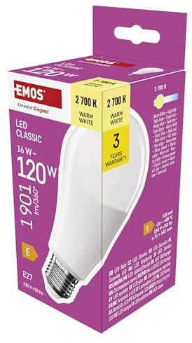EMOS LED Lampe A70-Birne, 16W Ersatz für 120W Glühbirne, klassiche Birne in größerer Form, E27 Sockel, Helligkeit 1901 lm, Warmweiß 2700 K, 30000 h Lebensdauer, CRI min. 80, 180° Abstrahlwinkel
