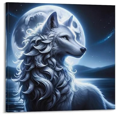 GLMHOK Tier-Poster, mythologische Tierwölfe des Silbermonds, dekoratives Gemälde, Leinwand-Poster, 30 x 30 cm