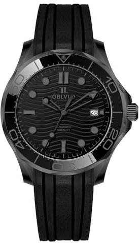 OBLVIO Automatic Dive Watch, Black Silicone Band, Wave Pattern Dial, Date Display, OM-BBBBR, Luxury
