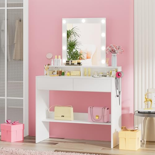 Devoko Schminktisch mit Beleuchtung Spiegel, 3 Farben, Einstellbare Helligkeit, Frisiertisch mit 2 Schubladen, 3 offene FÄcher, Haartrocknerhalter, Kosmetiktisch, Modern Frisierkommode, Weiß