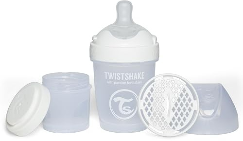 Twistshake Pro Double Anti-Kolik Babyflasche mit Milchpulverbehälter und Mixer - 180 ml | Langsam Fließende, Brustähnliche Brustwarze aus Silikon | BPA-freie | Geeignet für Neugeborene (0+) | Weiß