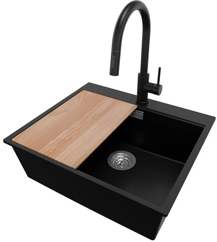PRIMAGRAN Fregadero Granito Negro 58x50cm, Cocina 1 Seno + Grifo 40x20cm + Sifón + Tabla de cortar, Sobre encimera al mueble 60cm - Oslo S296