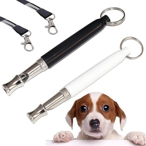 SSKHE 2 Stück Hundepfeifen gegen Bellen, Rüttelrückruf, verstellbar mit Umhängeband (Lanyard), hochfrequenzlautlos (Weiß, Schwarz)