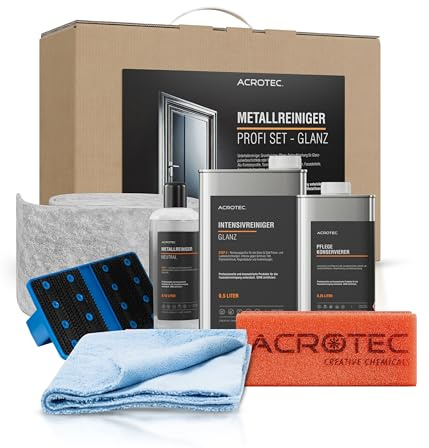 AcroTec GLANZ Metallreiniger Profi-Set für glänzendes oder glattes Metall | 7-teilig im Koffer, entfernt Auskreidung und holt Farbe zurück, Fensterprofile, Garagentore, Metall-Gartenmöbel auffrischen
