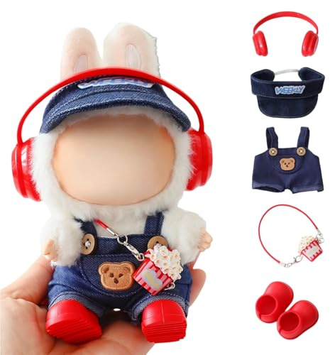 Clothes for Lu bubu 17cm Dolls(No Doll) Accessories, Stylish Kawaii Overalls Outfit Headphones Set 5 Pieces Suitable for 17cm Dolls , Doll Hat Headset Boots Clothing Set Replacement