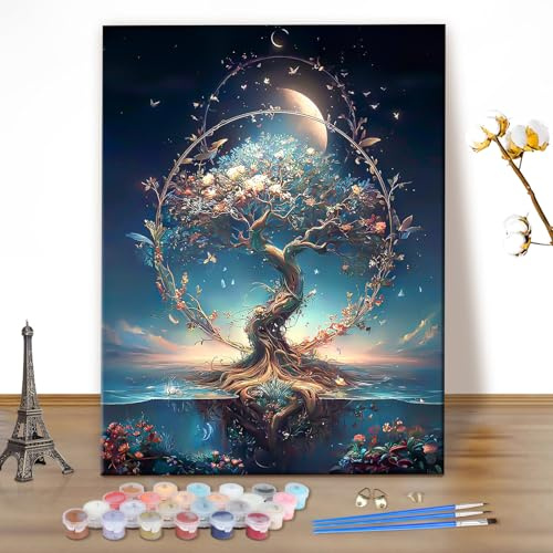 MEIYUDA Peinture par Numero Adulte, Arbre de vie DIY Peinture à l'huile par Numéros sur Toile Artisanat avec Pinceaux, Decoration Maison Cadeau 40x50cm(sans Cadre)