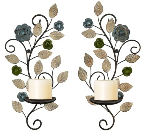 Metal Wall Candle Sconce Holders Set of 2, Rustic Leaf and Flower Branch Candle Holder Wall Decoration for Living Room Farmhouse Wedding Fireplace