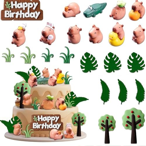 Zosutetoxo 23stück Capybara Tortenfiguren Set: Niedliche Torten Deko mit Naturmotiven, Kuchen Deko Geburtstag in Grün für Kinderpartys
