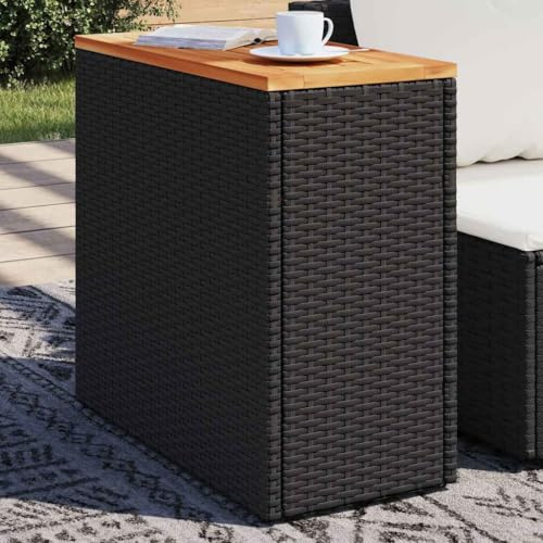 Owoxanthellate Gartentisch klappbar Schwarz 58x27,5x55 cm Poly Rattan Beistelltisch mit Akazienholzplatte für Balkon Garten Terrasse