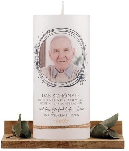 Personalisierte Trauerkerze mit Foto | moderne Rustikkerze 7x20 cm | Gedenkkerze | Erinnerungskerze | Individuelle Kerze zum Abschied | Fotokerze (Foto Kreis Puste, Klein - 7x15)