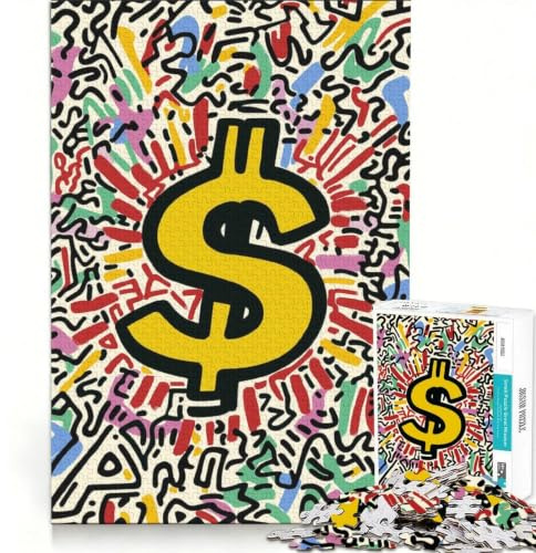 1000-teiliges Puzzle für Erwachsene mit Dollarzeichen-Pop-Art-Motiv, praktisches Spiel, ideal für den Urlaub zu Hause, inklusive passendem Poster und Quizblatt 38x26cm