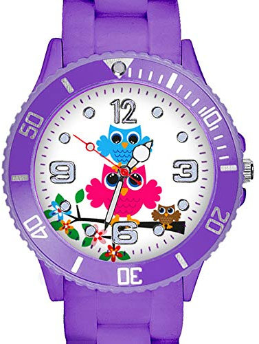Taffstyle Kinder Armbanduhr Silikon Sportuhr Bunte Sport Uhr mit Blumen Eulen Familie Motiv Analog Quartz Little 34 mm Lila