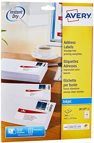 AVERY - 360 Étiquettes Adresse Autocollantes Blanches Personnalisables - Format 63,5 x 33,9 mm - Impression Jet d'Encre