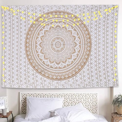 THE ART BOX Indie Wandteppich Baumwolle Mandala Wandbehang Deko Teppich Aesthetic Room Decor Dekoration Wandtuch/Strandtuch Wohnzimmer Indische Tücher Schlafzimmer, Gold und Weiß, 210x230 Cm