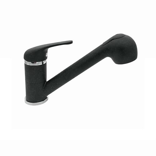 Sanimix24 Küchenarmatur mit Brause Ausziehbar Schwarz, Hochdruck Küchen Wasserhahn 360° Schwenkbar mit Granit Optik