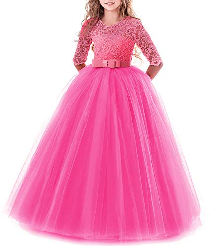 Blumenmädchen Spitze 3/4 Arm Kleid Hochzeit Brautjungfer Erstkommunion Abend Party Bodenlanges Kleid Kinder Prinzessin Festzug Geburtstag Abschlussball Karneval Weihnachten Ballkleid Gr. 7-8 Jahre